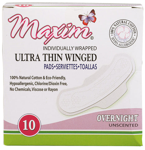 Maxim Hygiene Products Natural Cotton Ultra Thin Winged Pads Overnight