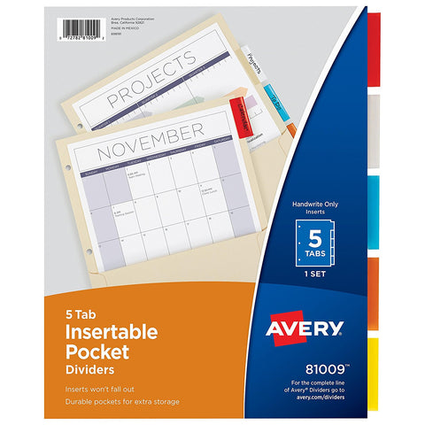 AVERY - Insertable Dividers with Pockets, Manila Paper, 5 Multicolor Tabs